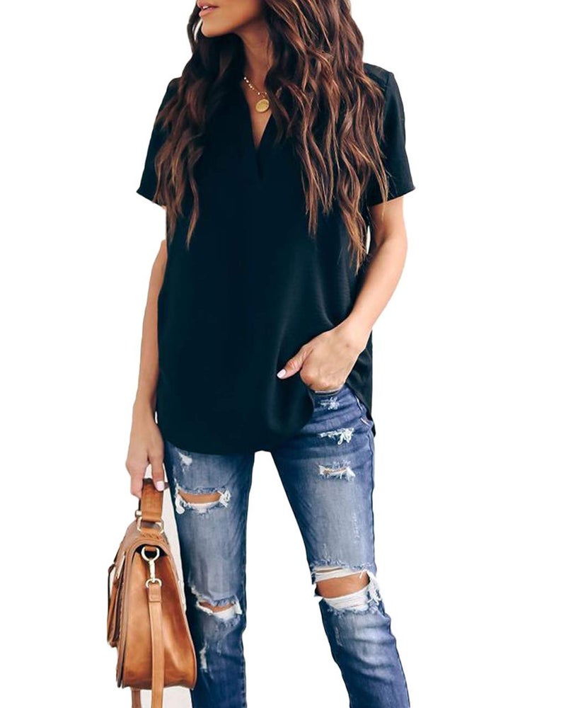 Allimy Women Summer Casual V Neck Chiffon Blouses Short Sleeve Loose Tunic Tops Plus Size 2X Black - Image 2